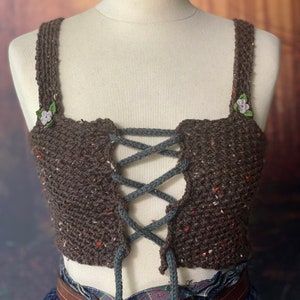 Cottagecore brown tweed corset Outlander handknitted vest fairytale bralette medieval crop top