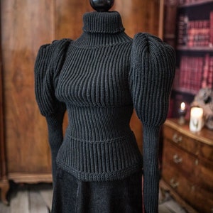 Jersey victoriano 1897 de mujer, negro, pierna de cordero reproduction de jersey de ciclismo tejido a mano con lana vegana acrílica image 2