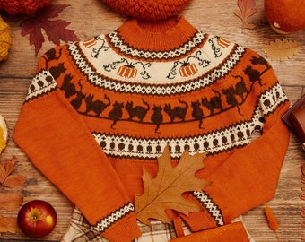 Pull fait main avec des chats et des citrouilles. Laine acrylique végétalienne, automne Halloween Noël Automne Sorcière Magicien