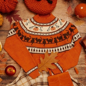 Pumpkins cats handmade sweater jumper. Acrylic Vegan Wool, fall Halloween Christmas Autumn Witch Wizard