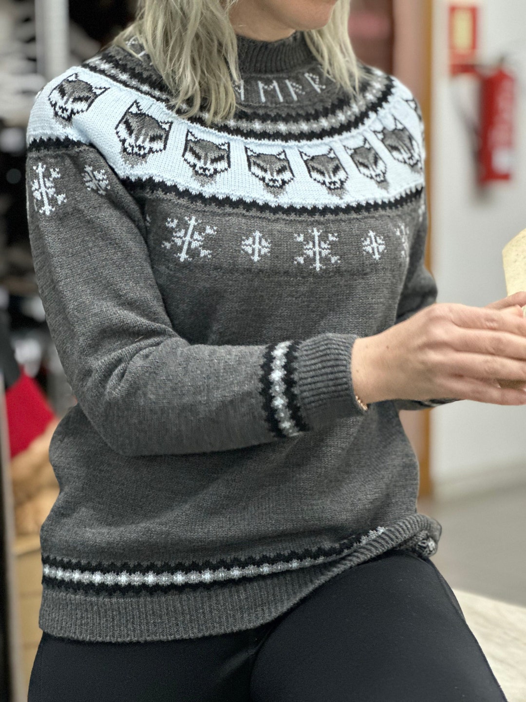 Wolves, Viking Runes and Snowflakes Handmade Sweater Jumper. Acrylic ...