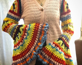 Chaqueta bata crochet bruja cosplay hecha a mano lana acrílica multicolore