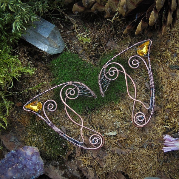 Elf ears, Fantasy elf ear cuffs, Elven ear cuff earrings, Elvish ears, Amber elf ears, Dainty elf ears, Elven jewelry, ear wrap, Aged copper