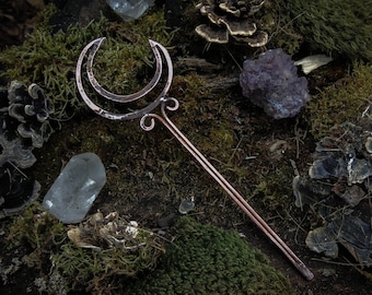 Copper moon hair stick, elvish  fantasy elven wedding hair accessories, cosmic witch hair sticks, men bun hair accessories, moon wand