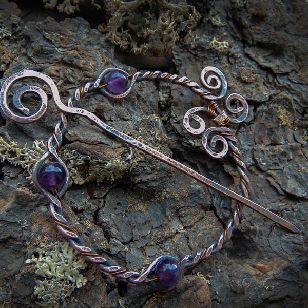 Celtic copper brooch, viking brooch, copper cloak pin,  amethyst cloak pin, copper shawl pin, copper shawl brooch, Lagertha brooch, kilt pin