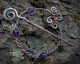 Celtic copper brooch, viking brooch, copper cloak pin,  amethyst cloak pin, copper shawl pin, copper shawl brooch, Lagertha brooch, kilt pin
