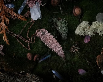 Copper labradorite leaf pendant, electroformed organic necklace, forest witch pendant, fern pendant