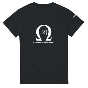 May include: Black t-shirt with a white graphic of the Greek letter Omega with a stylized 'X' inside. The text 'Express. Resistance.' is printed below the graphic.
