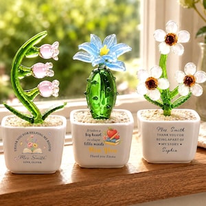 Gepersonaliseerde glazen bloempot, cadeau met naam voor de leerkracht, bedankt voor je hulp bij mijn groei, eindejaarscadeau voor de leerkracht