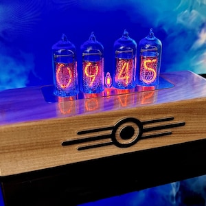 Nixie Tube Clock with Solid Wood Base + Stainless Steel Parts. Great for Living room or Bedrooom