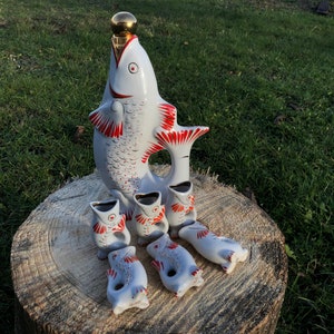 Vintage Decanter Set and 6 Glasses | Retro 1980s Porcelain | Funny & Creative Gift for Fishermen