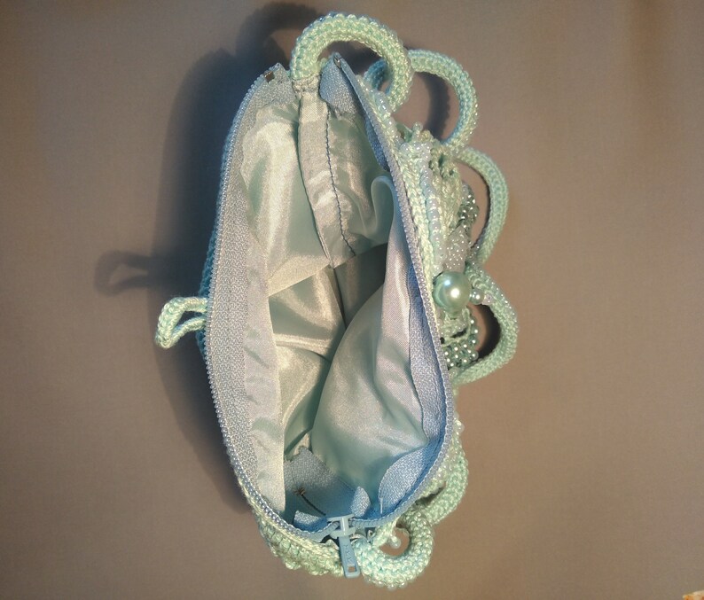 victorian princess purse Valentine/'s Day accessory vintage style sea blue pearls Crochet handbag with beads