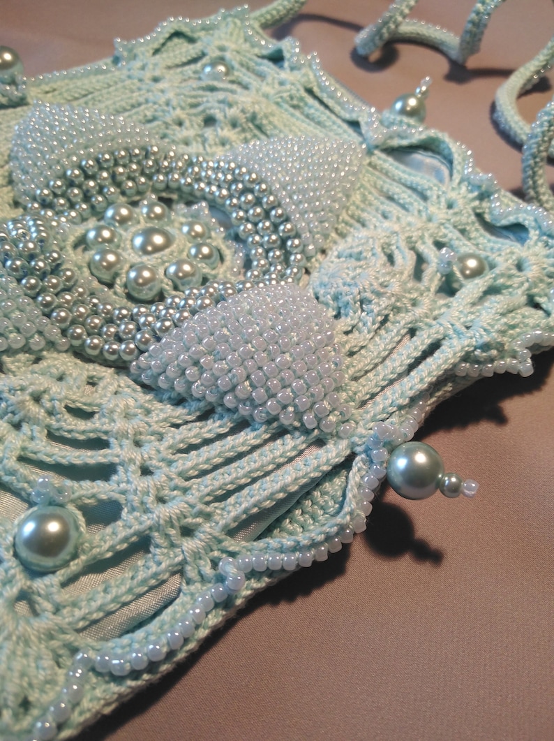 victorian princess purse Valentine/'s Day accessory vintage style sea blue pearls Crochet handbag with beads