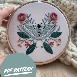 Moth Embroidery Pattern - Digital Download - Instant Download - Floral Embroidery - Moth Hand Embroidery Pattern - Step by Step Embroidery