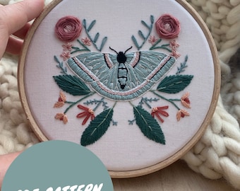 Moth Embroidery Pattern - Digital Download - Instant Download - Floral Embroidery - Moth Hand Embroidery Pattern - Step by Step Embroidery