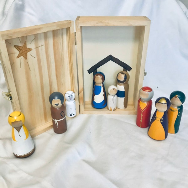 Full Peg Doll Nativity Set / Child Safe Nativity / Wooden Christmas Scene / Christmas Heirloom Gift / Stable and Storage Box included