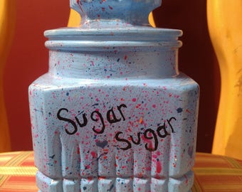 Hand painted thick glass candy jar with lid