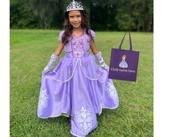Sofia the first dress, Sofia the first birthday dress, Sofia the first costume, PERSONALIZED GIFT SET including accessories and bag