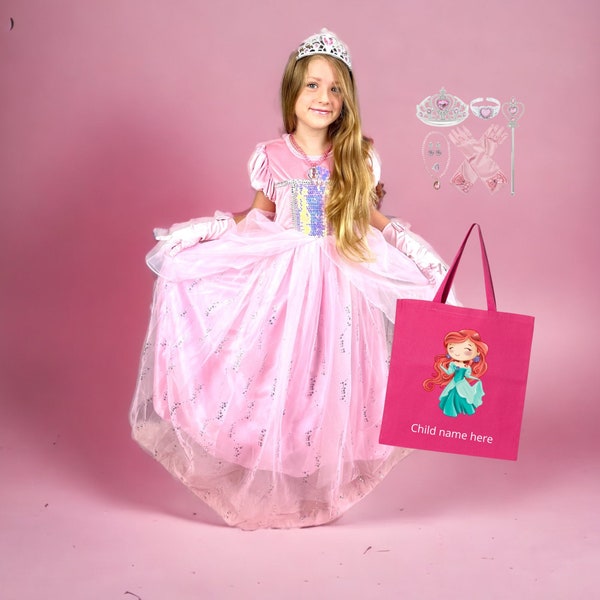 Ariel Pink dress, Little Mermaid dress, Ariel birthday dress + accessories + tote bag, PERSONALIZED GIFT SET , Gift for girls