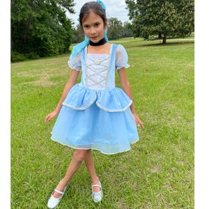 May include: A light blue dress with a layered skirt and white bodice, featuring silver trim and a square neckline. The dress has short, sheer sleeves and is worn with silver shoes and a blue hair bow. The outfit is suitable for a costume or special occasion.