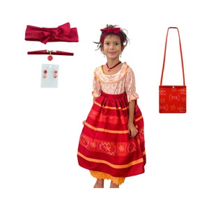 Encanto Dolores-jurk met prachtige katoenen kanten rand.  Dolores-kostuum, Dolores-hoofddeksel, oorbellen, ketting en tas