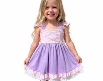 Rapunzel Inspired Cotton Dress: Tangled Princess Costume, Girls Gift