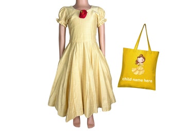 Handmade Princess Belle dress, Beauty and the Beast Princess dress + accessories + tote, Belle PERSONALIZED GIFT SET