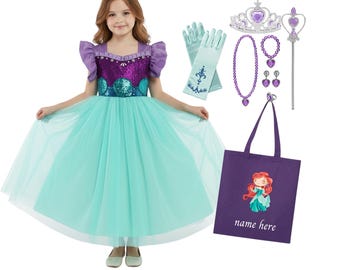 Ariel-jurk voor meisjes Ariel Kleine Zeemeermin GEPERSONALISEERDE CADEAUSET Ariel-jurk en accessoires voor peuters en meisjes Ariel-kostuum om te verkleden.