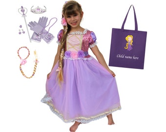 Rapunzel dress with floral sash, Rapunzel inspired dress, Tangled Dress + Accessories + tote bag, PERSONALIZED GIFT SET Gift for girls