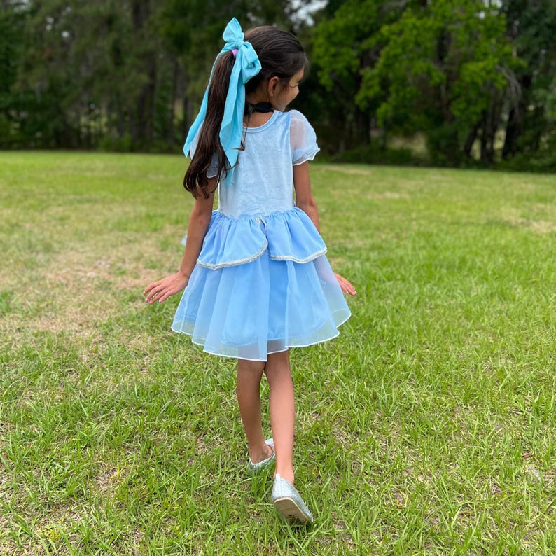 May include: A light blue dress with a layered skirt and silver trim. The dress has short sleeves and is paired with silver shoes and a matching blue hair accessory. The dress is worn by a person standing on a grassy field.