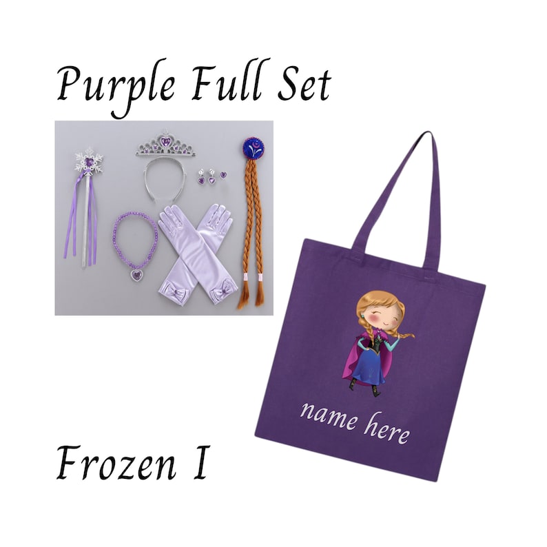 Puede incluir: Un conjunto completo morado con tem&aacute;tica de Frozen I. Incluye una varita, tiara, pendientes, collar, guantes y una bolsa de mano con una ilustraci&oacute;n de personaje y el texto "name here".