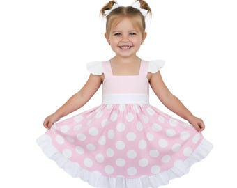 Vestido inspirado en Minnie Mouse para niñas, vestido rosa de lunares para niña pequeña, vestido rosa princesa