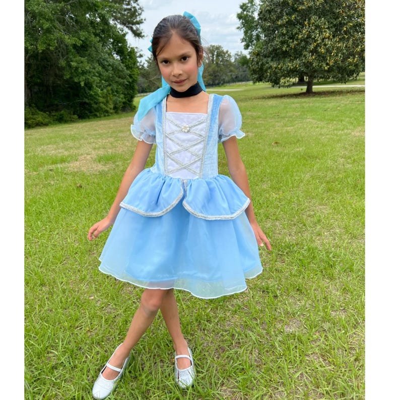 May include: A light blue dress with a white bodice and a layered skirt. The dress features a square neckline, puff sleeves, and silver trim. The girl is wearing silver shoes and a blue bow.