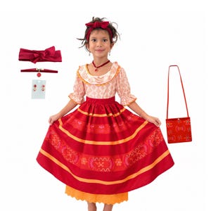 May include: A dress featuring a cream-colored bodice with a patterned neckline and a red skirt with orange and yellow horizontal bands. Accessories include a red headband, a red choker with a pendant, heart-shaped earrings, and a red shoulder bag.