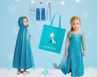 Special Edition Elsa Frozen Personalized GIFT SET Ice Queen Elsa Combo Dress, Detachable Cape, Blue Sequine Cloak, Accessories & Tote.