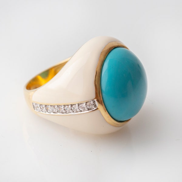 Cocktail Ring Sterling Silver and Gold Plated With Turquoise Cabochon, Rhinestones, and White Enamel Size 8