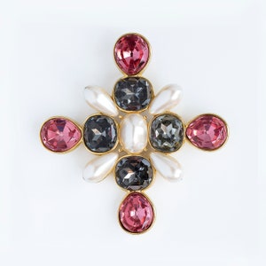 KENNETH JAY LANE Enormous 5&quot; Vintage Gold Plated Pendant With Multi Colored Crystal Cabochons and Faux Pearls