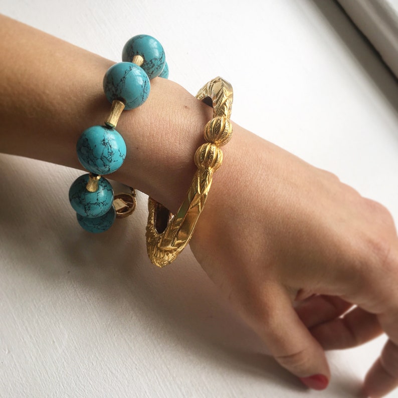 CINER Faux Turquoise Bead and 18K Gold Plated Vintage Bracelet Handcrafted in NYC image 4