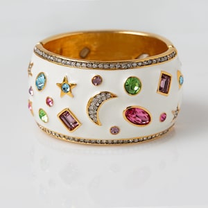 Kenneth Jay Lane Made in the USA Celestial Bangle with a Hinge Closure with White Enamel and Crystals
