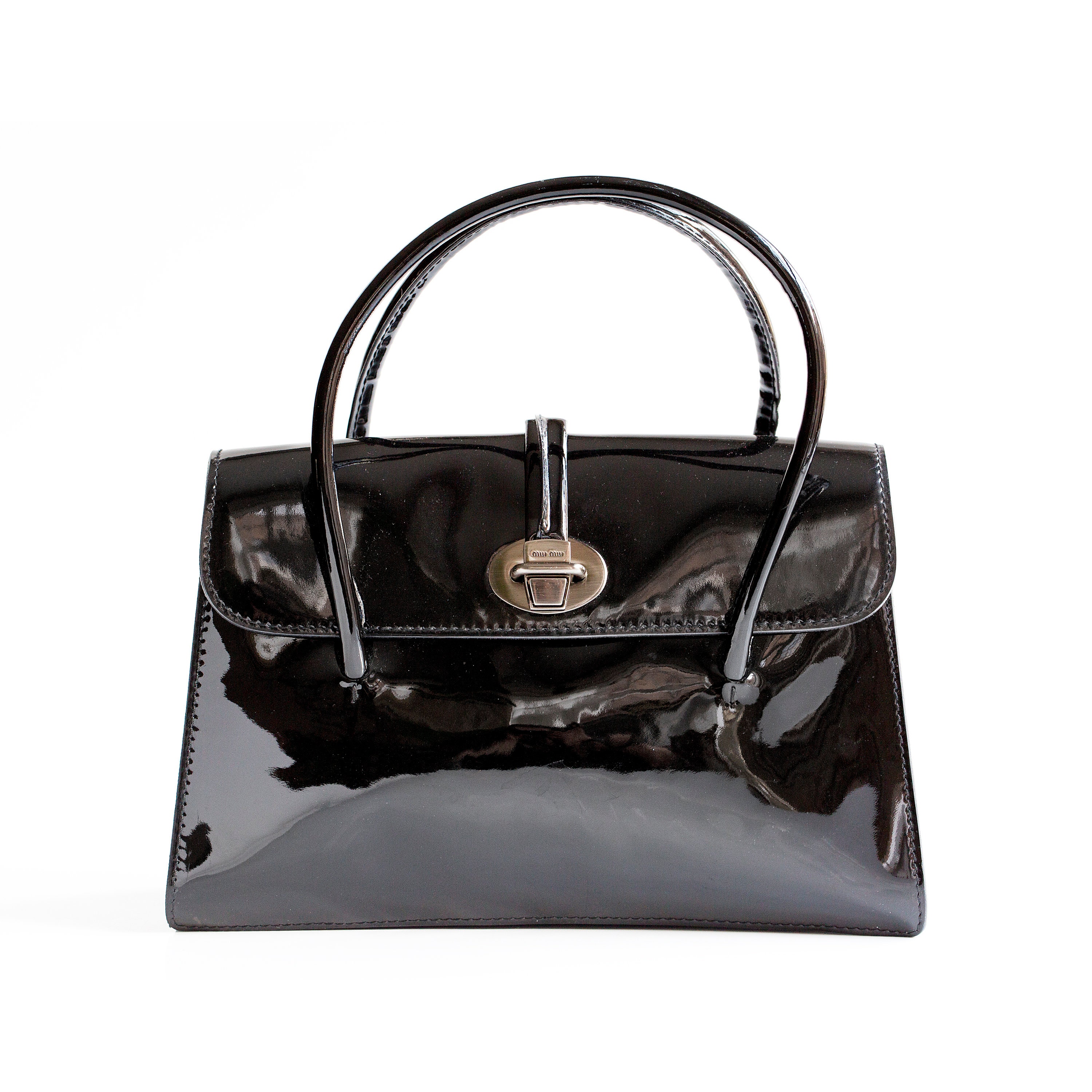 Miu Miu Made in Italy Black Patent Leather Vintage Handbag in Mint Condition with Tan Suede Lining