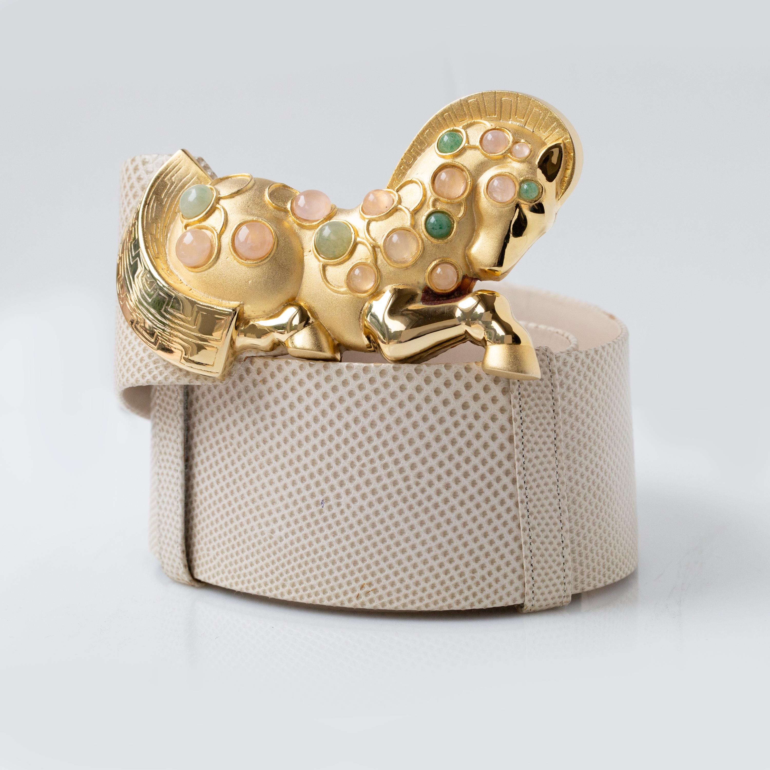 Judith Leiber Crystal Equine Belt Judith Leiber Gilt Equine Buckle Embossed White Leather Belt  main image 4