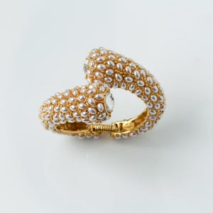 Kenneth Jay Lane Made in the USA Faux Pearl and Gold Cuff/Bangle With Large Crystal Square Cabochons Adorning the End