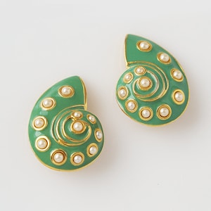 KENNETH JAY LANE Green Enameled Shell Clip-On Earrings With Pearl Accents