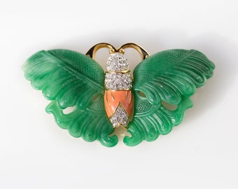 Kenneth Jay Lane Butterfly Brooch With Green Resin Wings Gold Detail Clear Rhinestones and an Orange Enamel Body