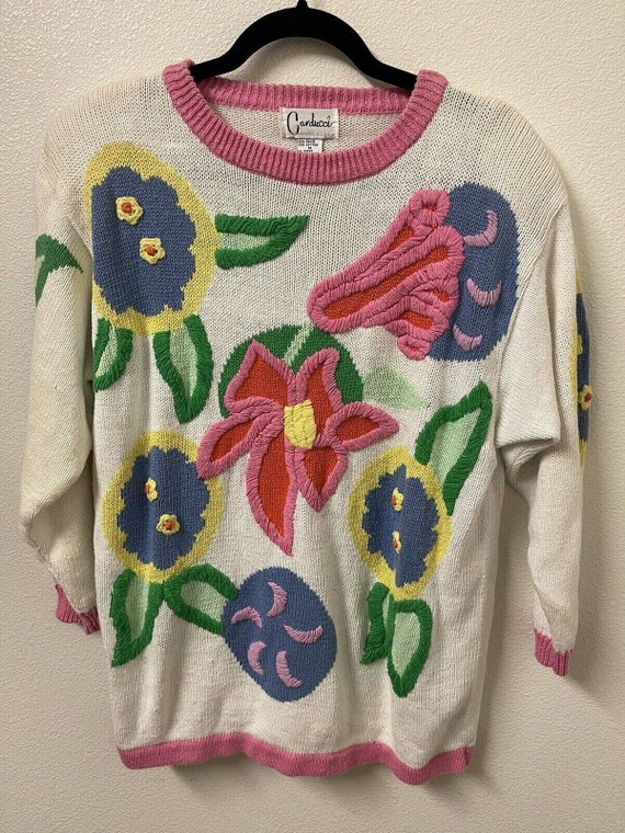 Vintage 80s Carducci Chunky Flower Knit Sweater W… - image 1