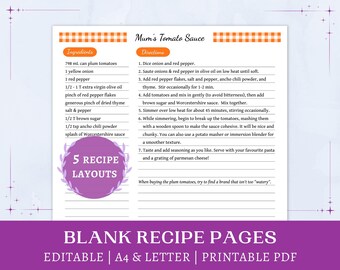 Recipe Template Printable | recipe collection | blank fillable recipe pages | editable recipe planner inserts | instant download
