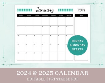 Teal Gingham Calendar | 2024 2025 printable | editable calendar | monthly cottagecore planner with notes | digital download