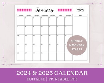 Pink Gingham Calendar | 2024 2025 printable | editable office calendar | monthly planner with notes | cottagecore planner | digital download