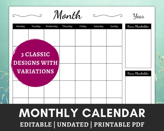Printable Blank Calendar Letter Editable Calendar - Etsy