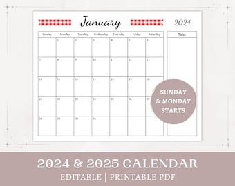 Red Gingham Calendar | 2024 2025 printable | editable calendar | monthly cottagecore planner with notes | digital download